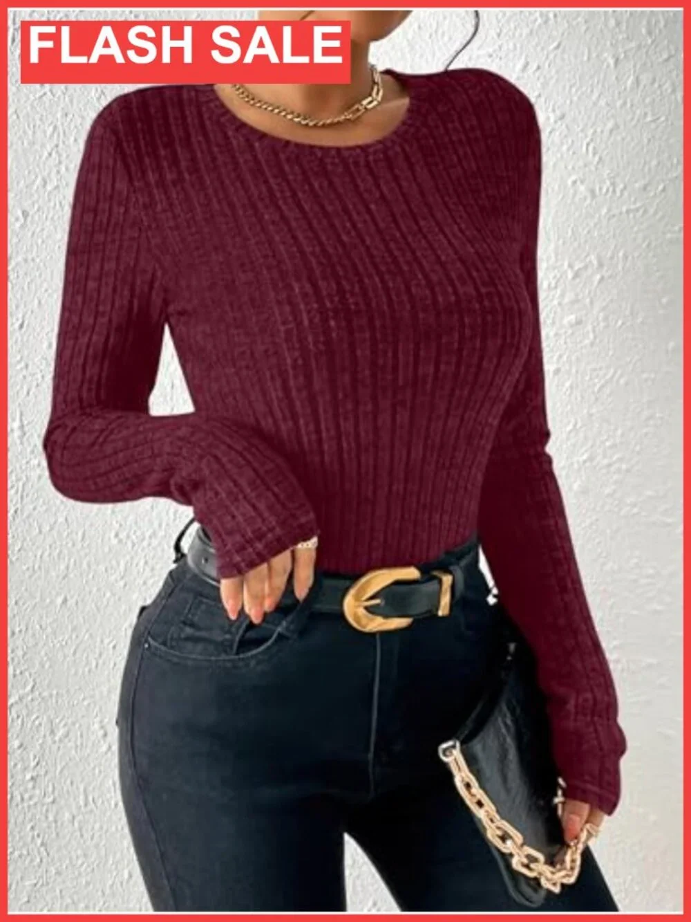 Long Sleeve Ribbed Fitted Top Slim Fit Crew Neck T-Shirt